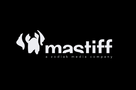 Mastiff logo i hvid på sort baggrund, med en hund